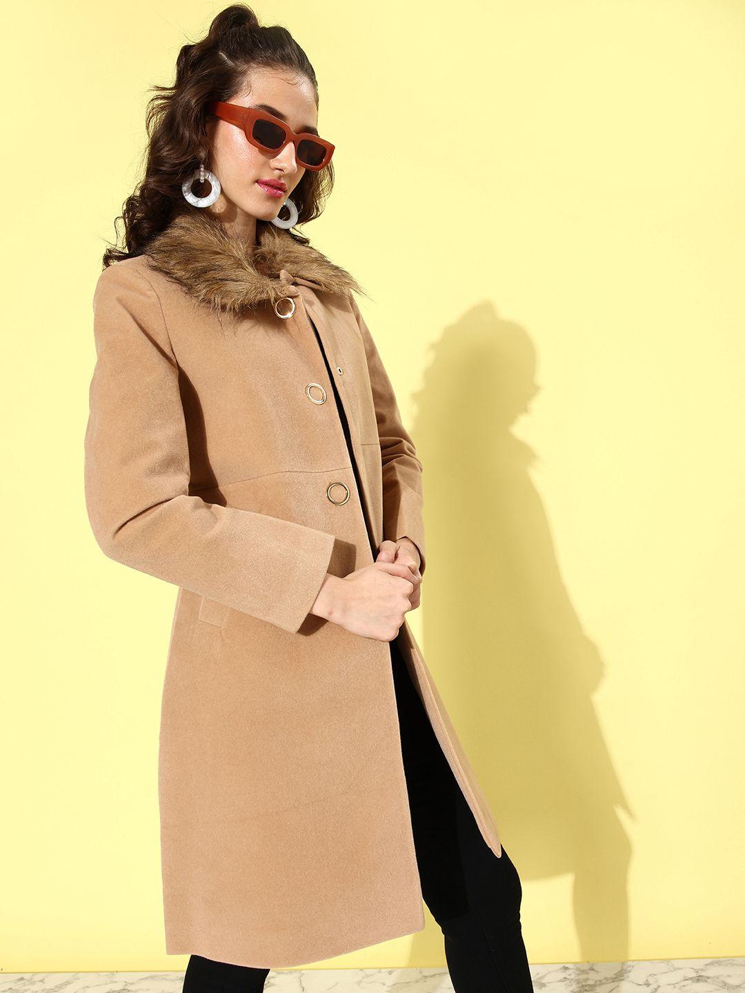 4wrd by dressberry faux fur trim detachable collar knee length trench coat