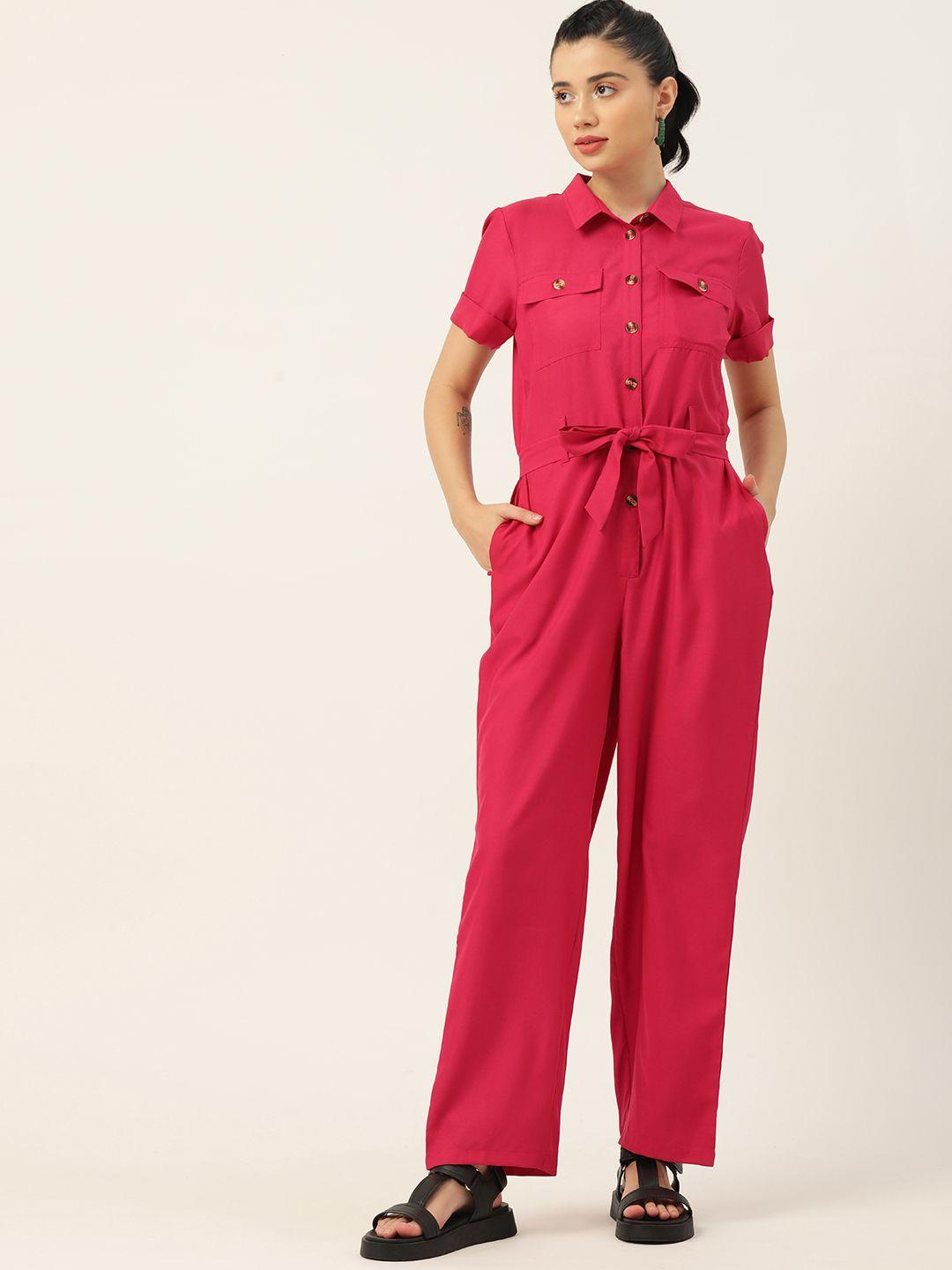 4wrd by dressberry fuchsia solid basic jumpsuit with tie-up belt