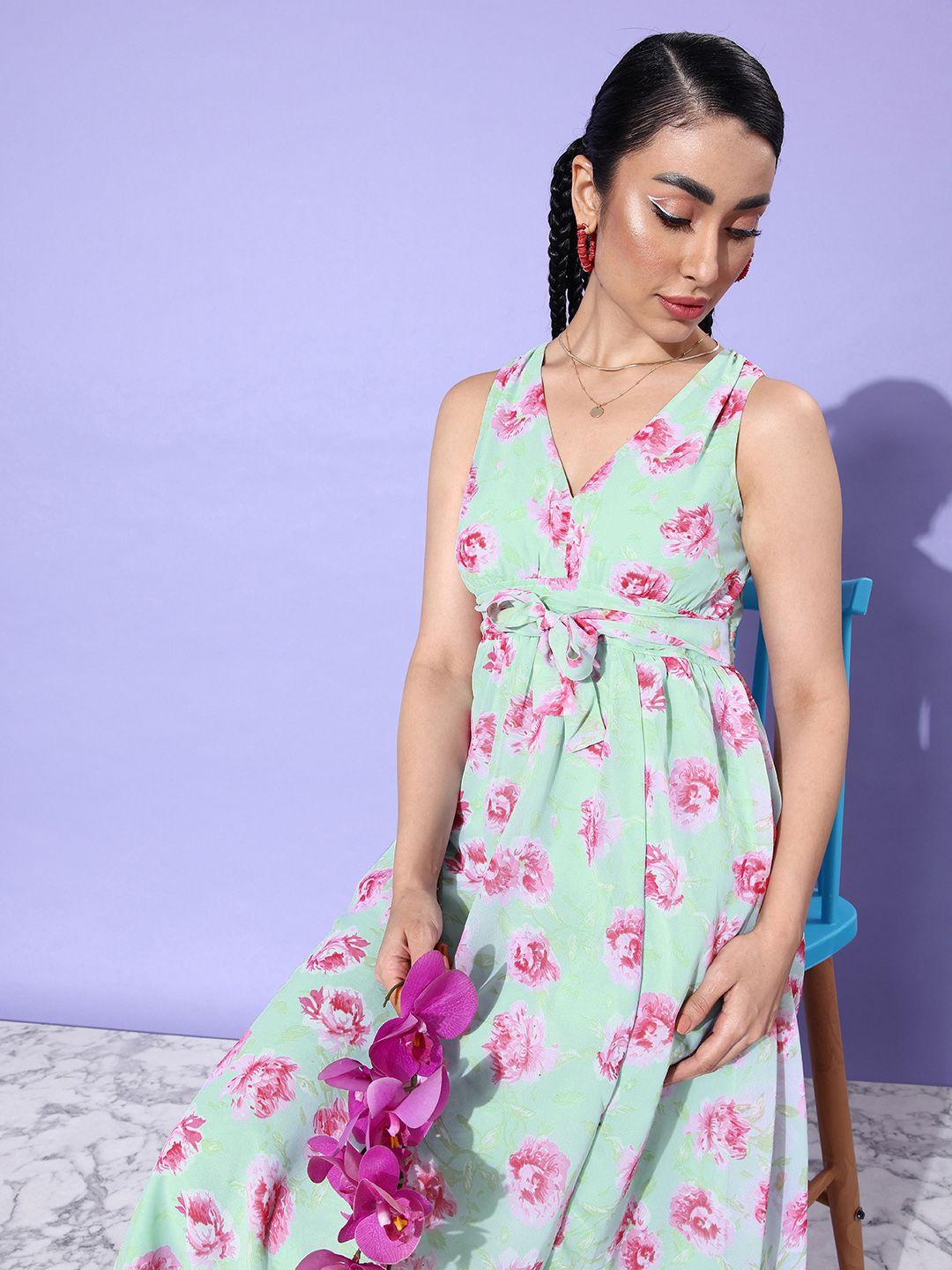 4wrd by dressberry mint green & pink soulful blooms printed empire style maxi dress