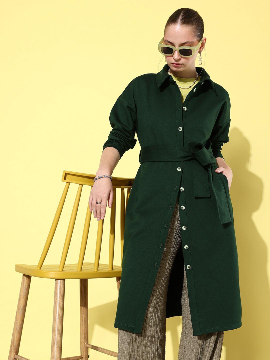 4wrd by dressberry solid knee length trench coat comes with a belt