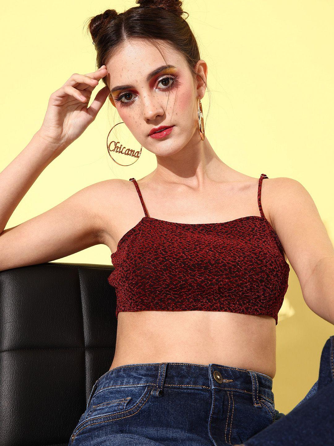 4wrd by dressberry women black & red self-design bralette crop top