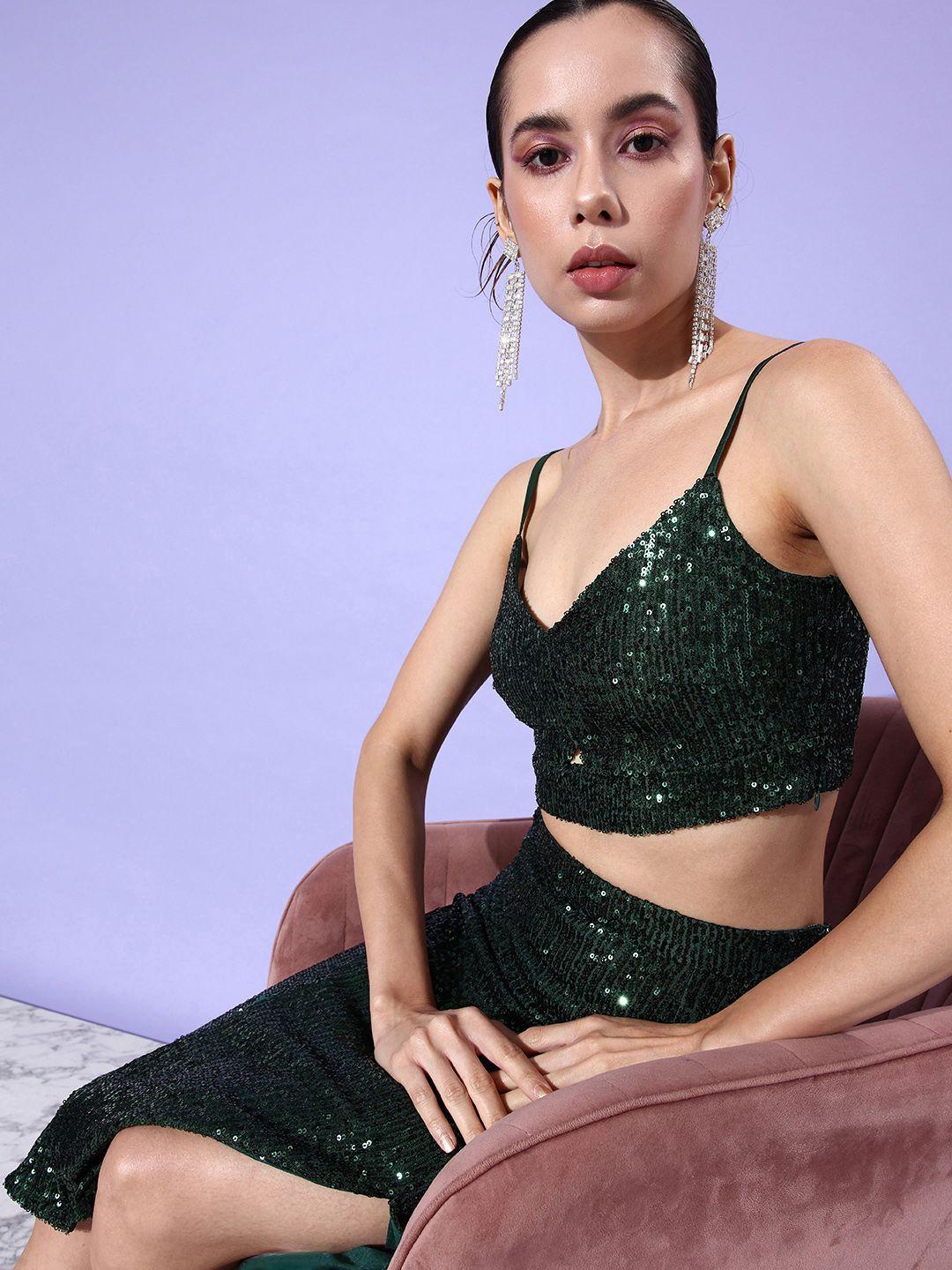 4wrd by dressberry women deep green bedazzeled sequined crop top with slit-cut skirt