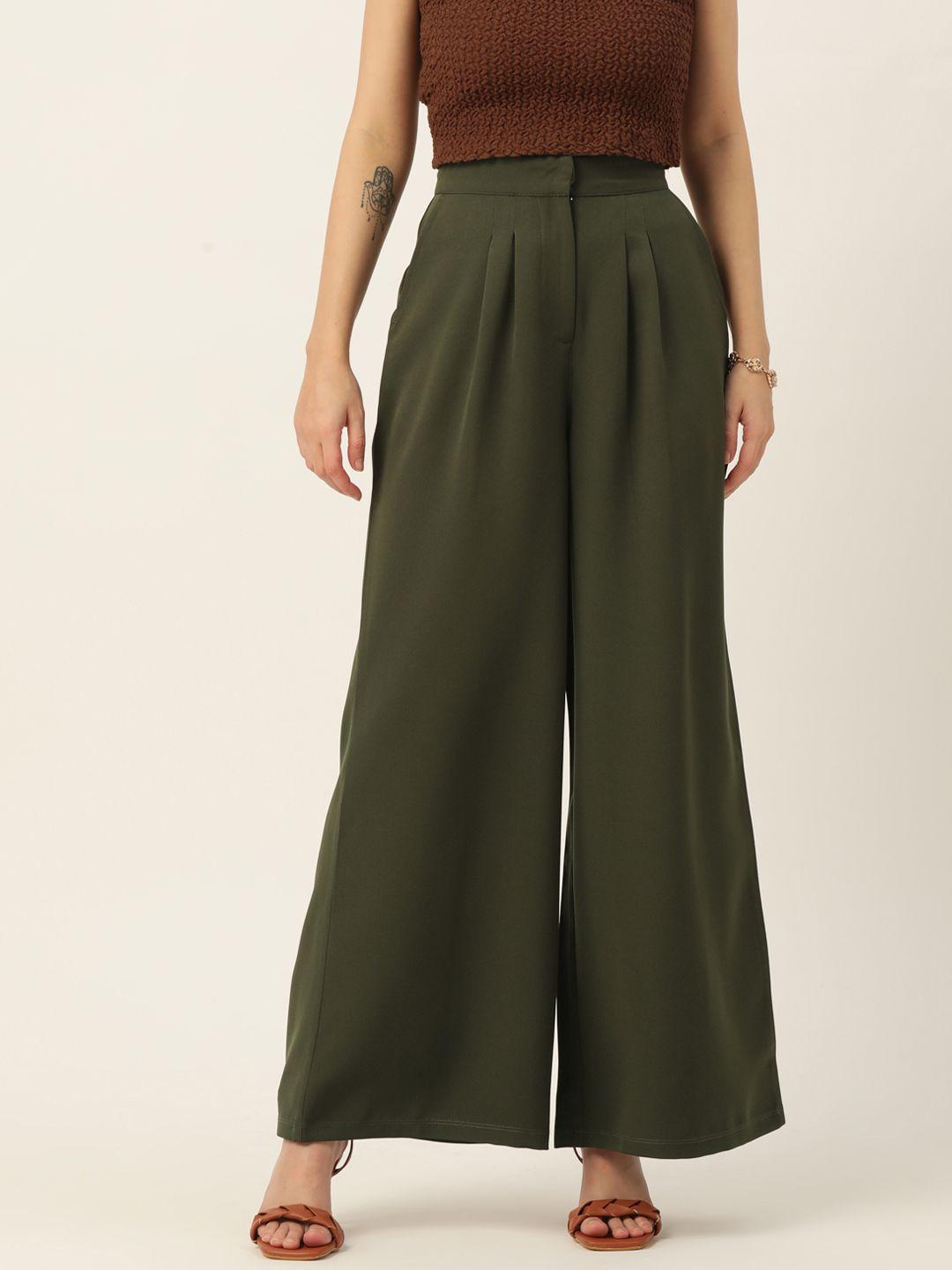 4wrd by dressberry women green solid pleated flared trousers