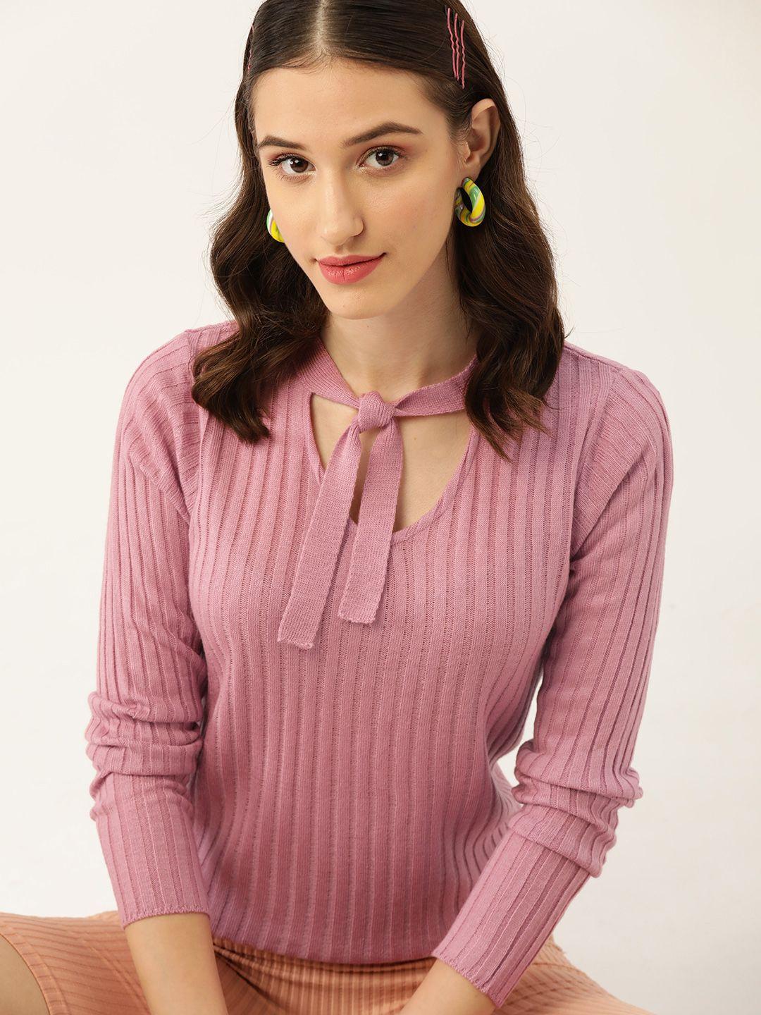 4wrd by dressberry women pink self-striped tie-up neck pullover