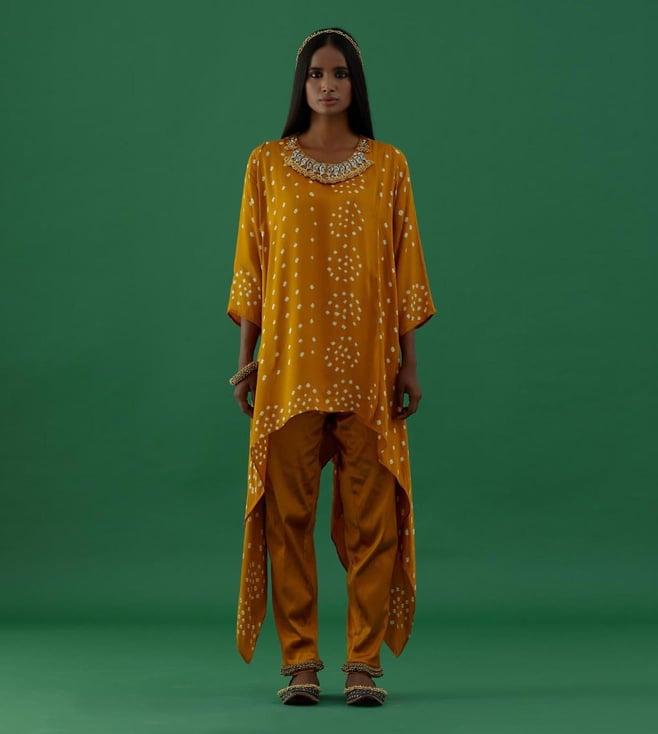 5 elements by radhika gupta yellow bandhani modal satin tunic
