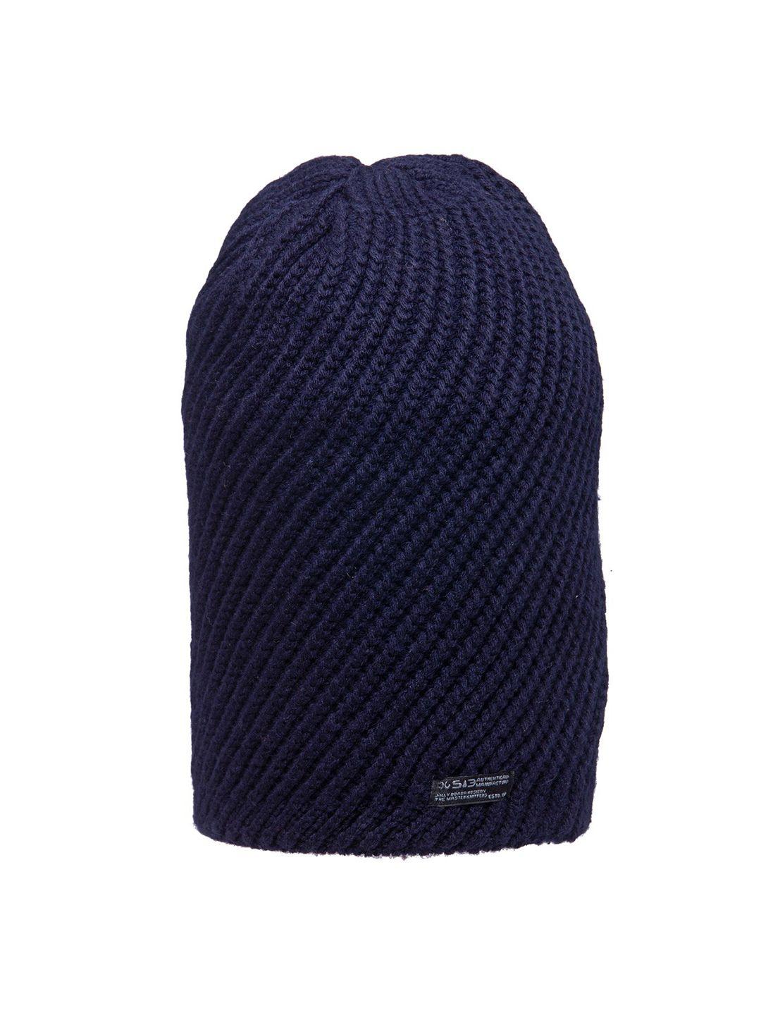 513 men navy blue self design knitted beanie cap