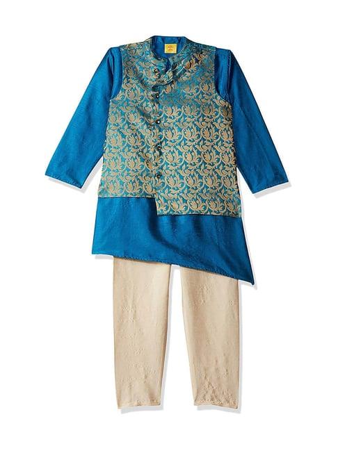 612 league kids blue & beige printed kurta, waistcoat with pyjama