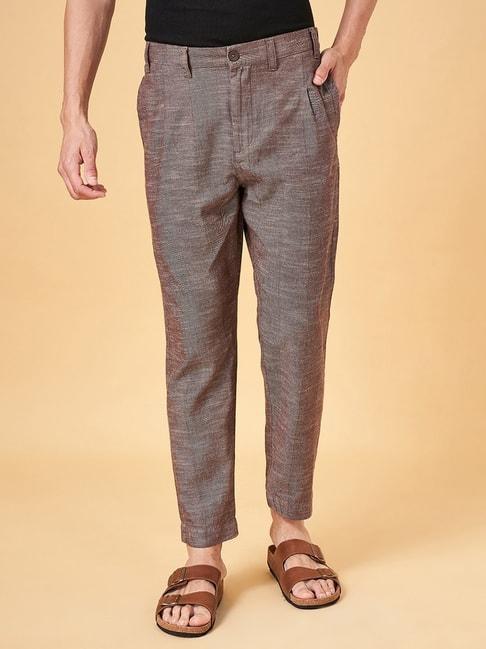 7 alt by pantaloons tobacco cotton comfort fit self pattern trousers