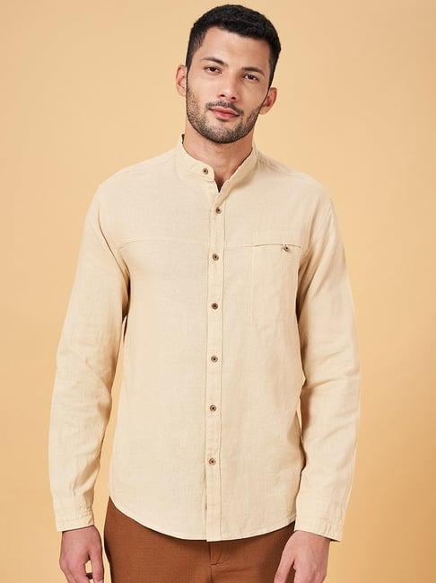 7 alt by pantaloons beige cotton slim fit self pattern shirt