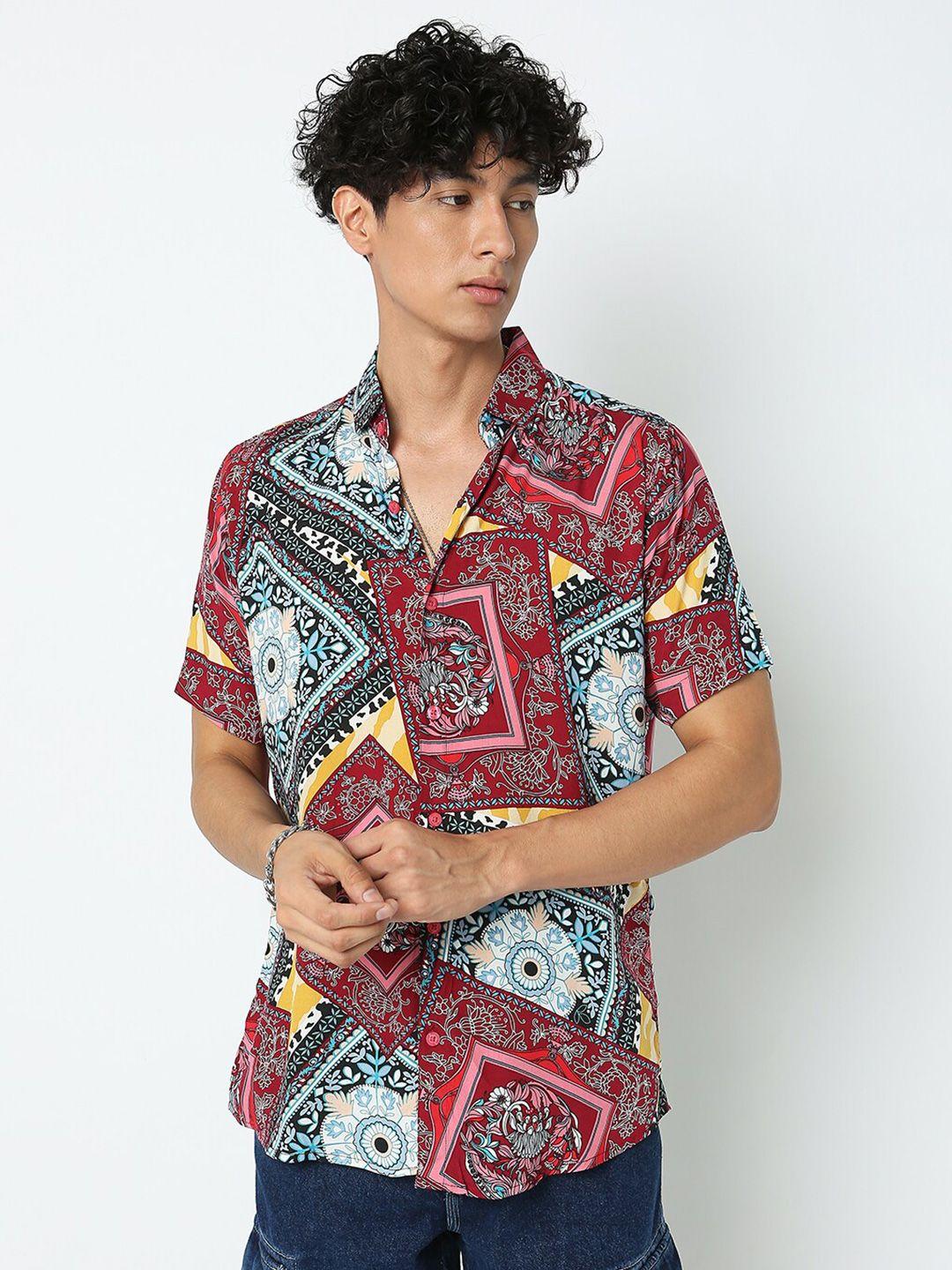 7shores classic ethnic motifs printed spread collar casual shirt