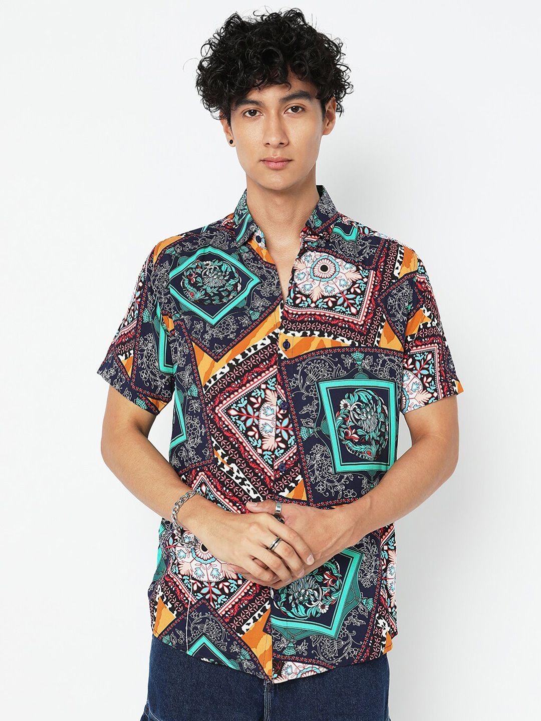 7shores classic ethnic motifs printed spread collar casual shirt