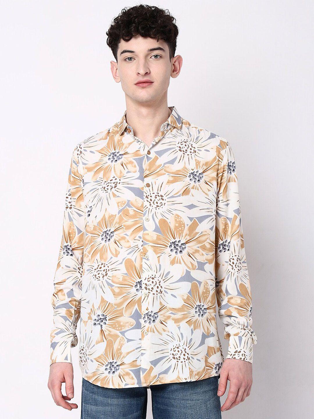 7shores men beige classic floral opaque printed casual shirt