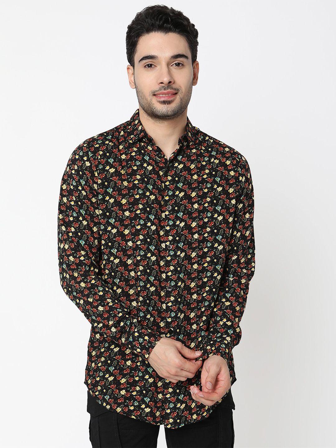 7shores men black classic floral opaque printed casual shirt