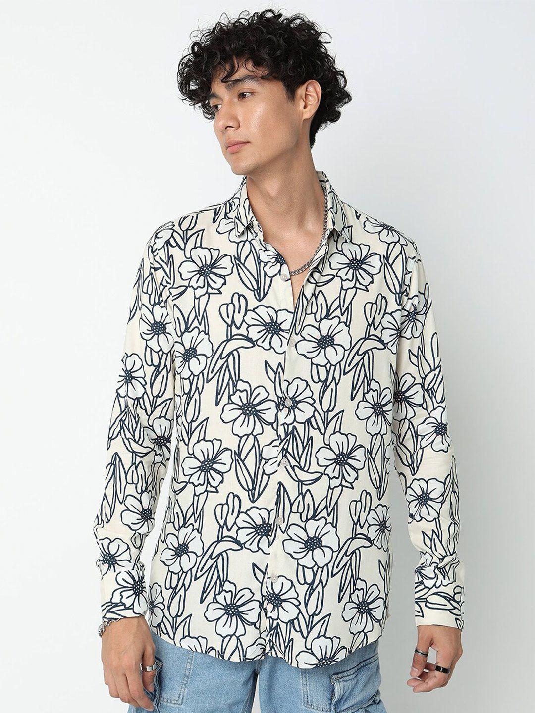 7shores men white classic floral opaque printed casual shirt