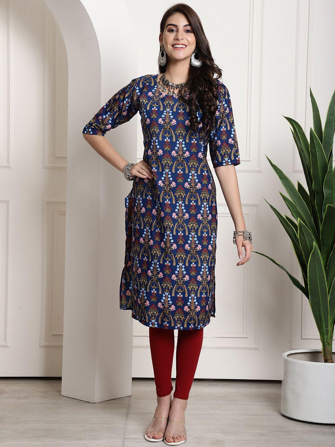 7threads ethnic motif printed crepe straight kurta