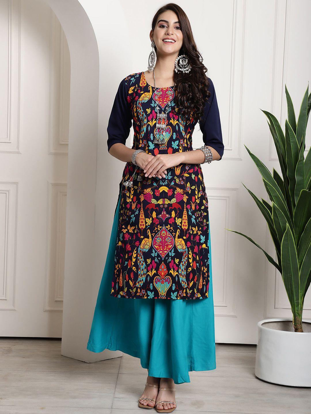 7threads ethnic motif printed straight crepe kurta