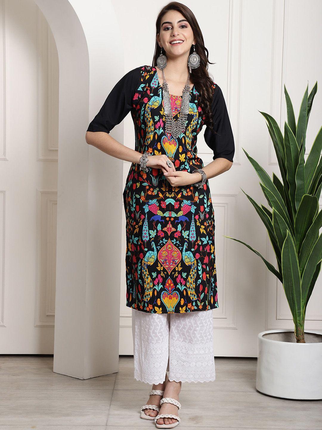 7threads ethnic motif printed straight crepe kurta