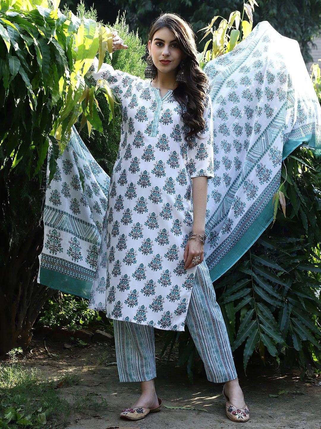 7threads floral printed pure cotton kurta with trousers & dupatta