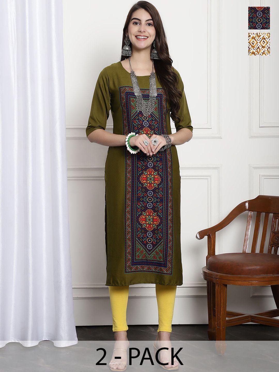 7threads selection of 2 ethnic motifs printed regular kurtas