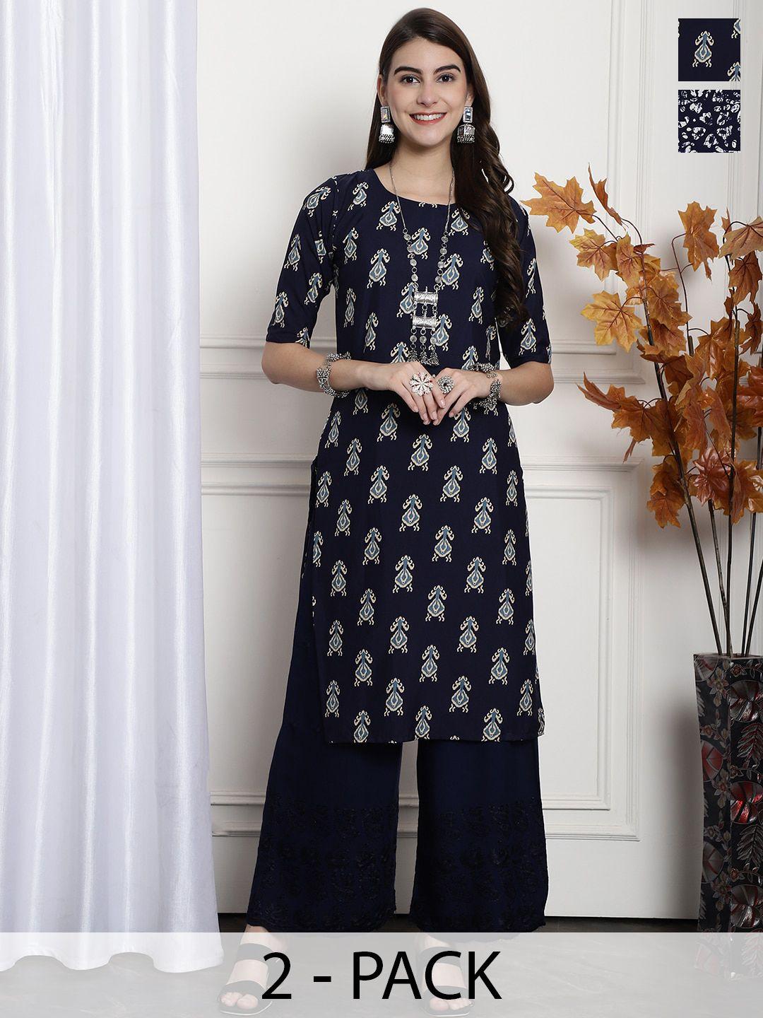 7threads selection of 2 ethnic motifs printed round neck crepe straight kurta