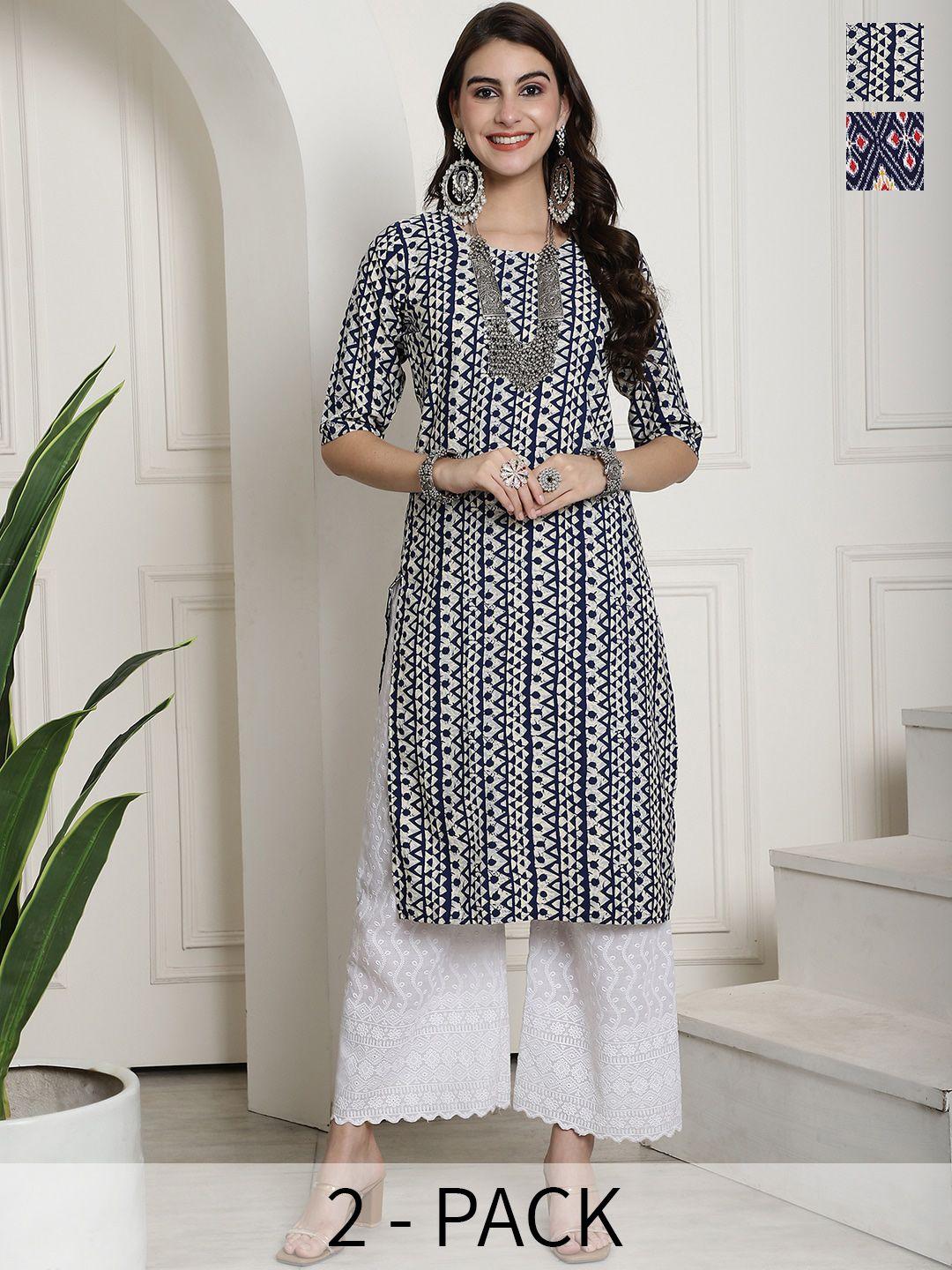 7threads selection of 2 ethnic motifs printed straight kurtas