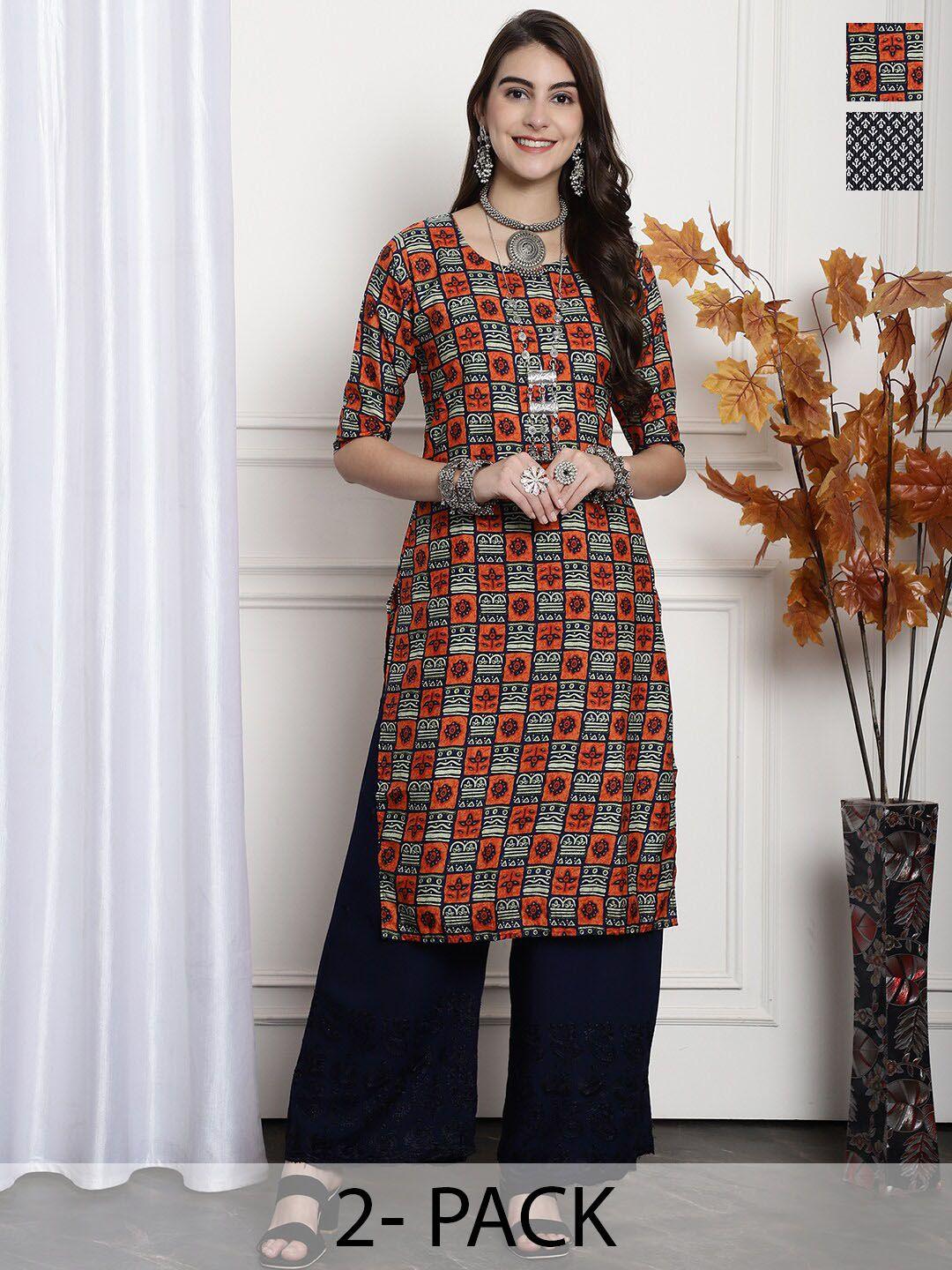 7threads selection of 2 printed round neck crepe straight kurtas