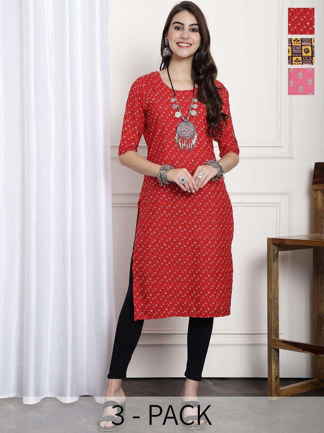 7threads selection of 3 ethnic motifs printed regular kurtas