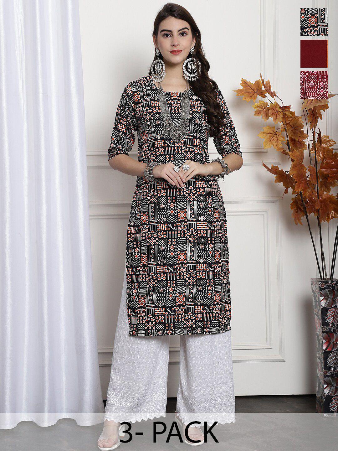 7threads selection of 3 ethnic motifs printed regular kurtas