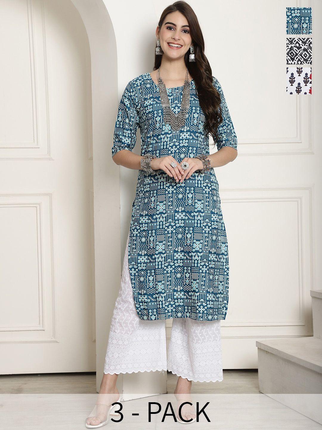 7threads selection of 3 ethnic motifs printed regular kurtas