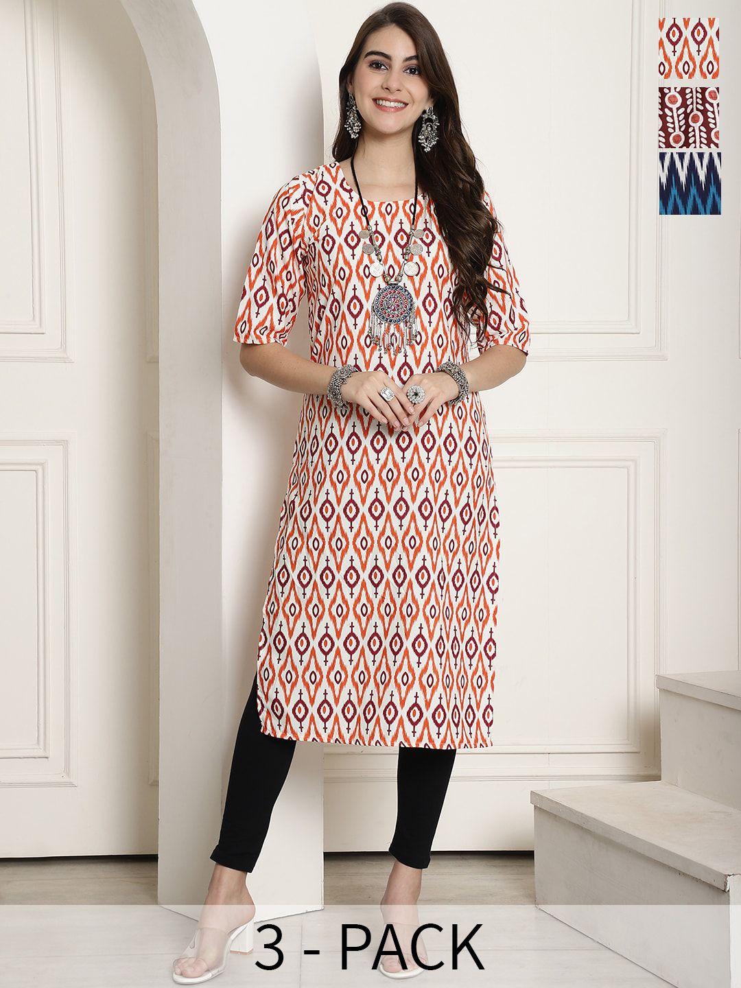 7threads selection of 3 ethnic motifs printed straight kurta