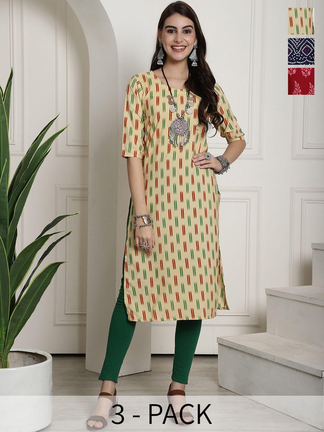 7threads selection of 3 ethnic motifs printed straight kurta