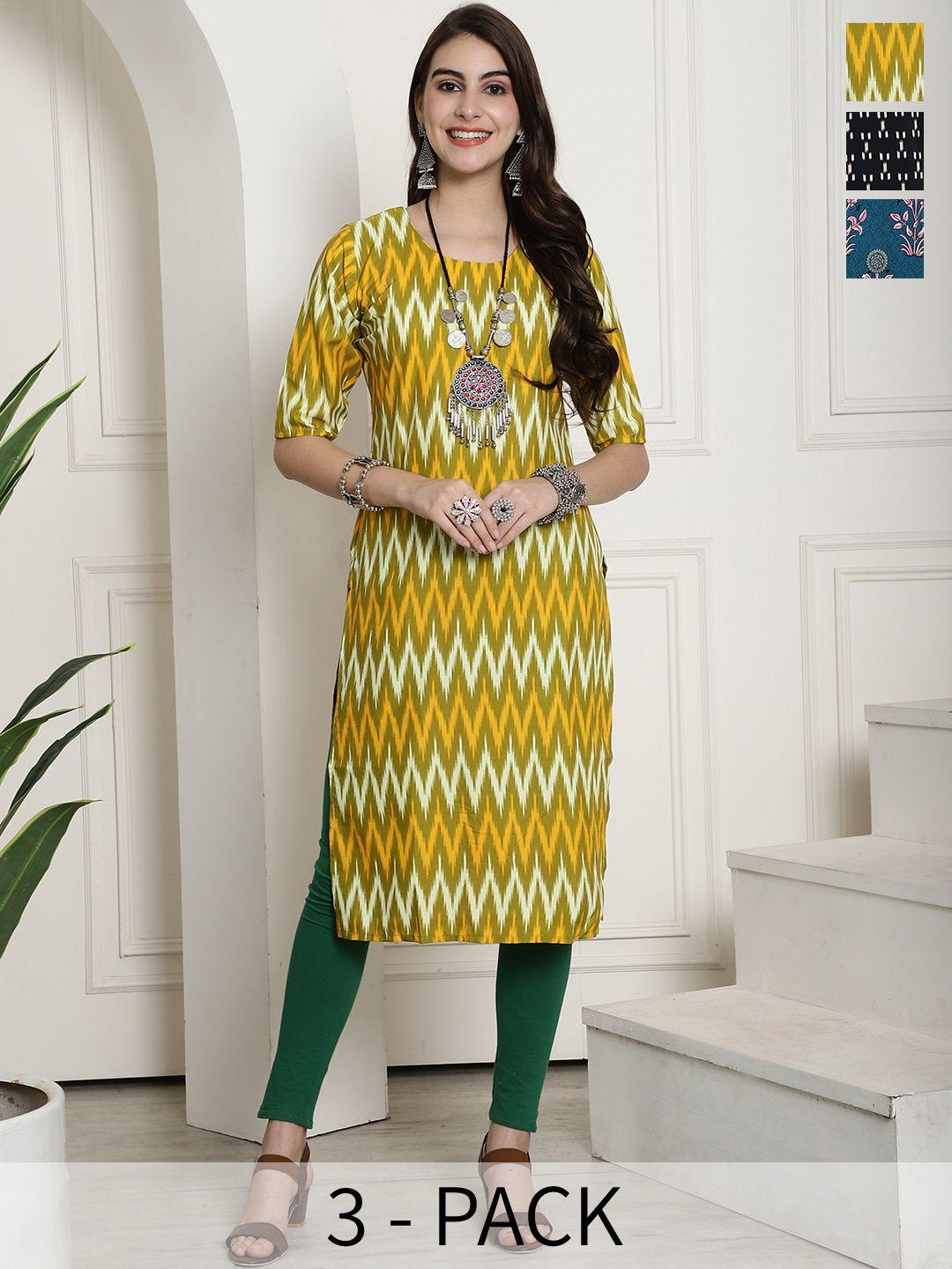 7threads selection of 3 printed round neck kurtas