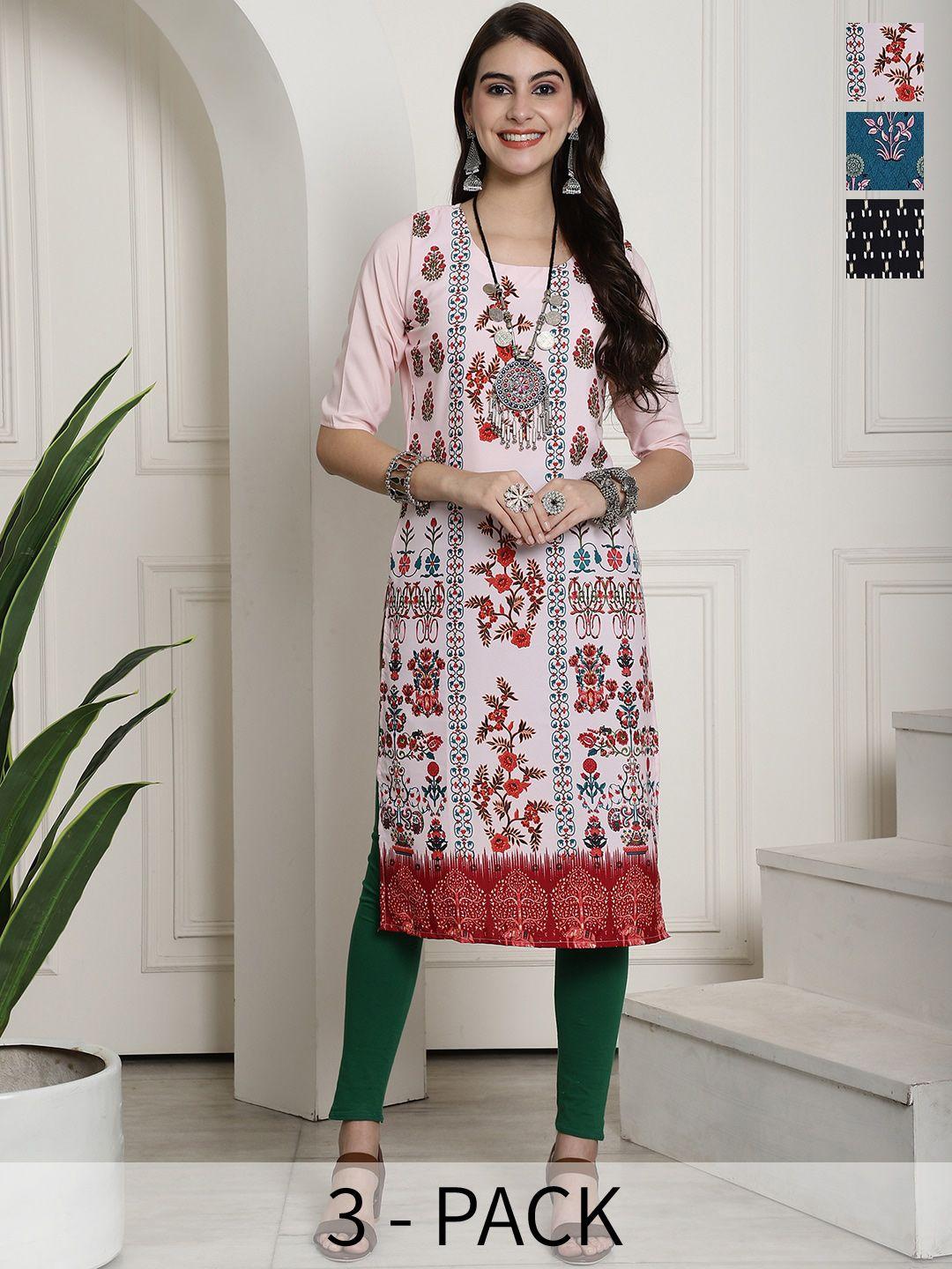 7threads selection of 3 printed round neck straight kurtas