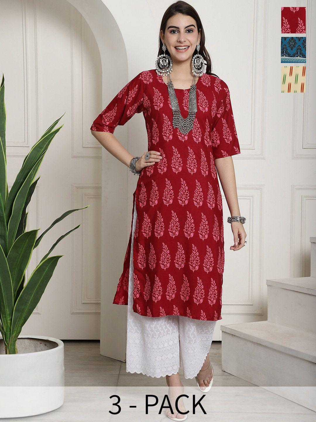 7threads selection of 3 printed round neck straight kurtas