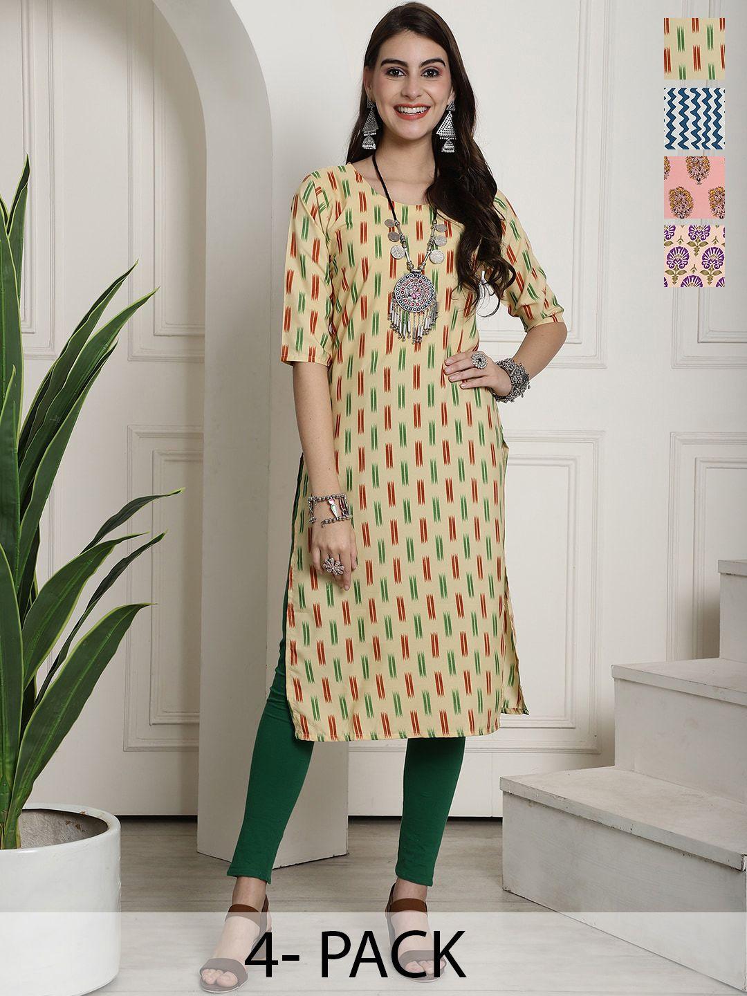 7threads selection of 4 ethnic motifs printed crepe straight kurta