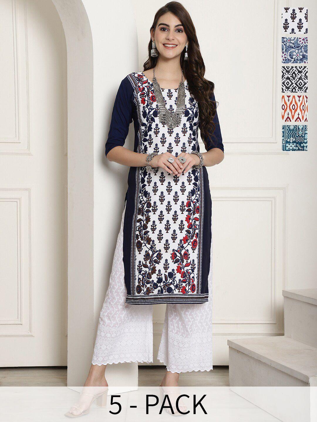 7threads selection of 5 printed round neck kurtas