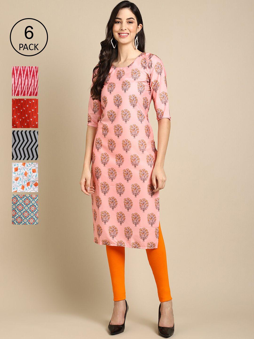 7threads women multicoloured pack of 6  digital printed straight kurta  kurta