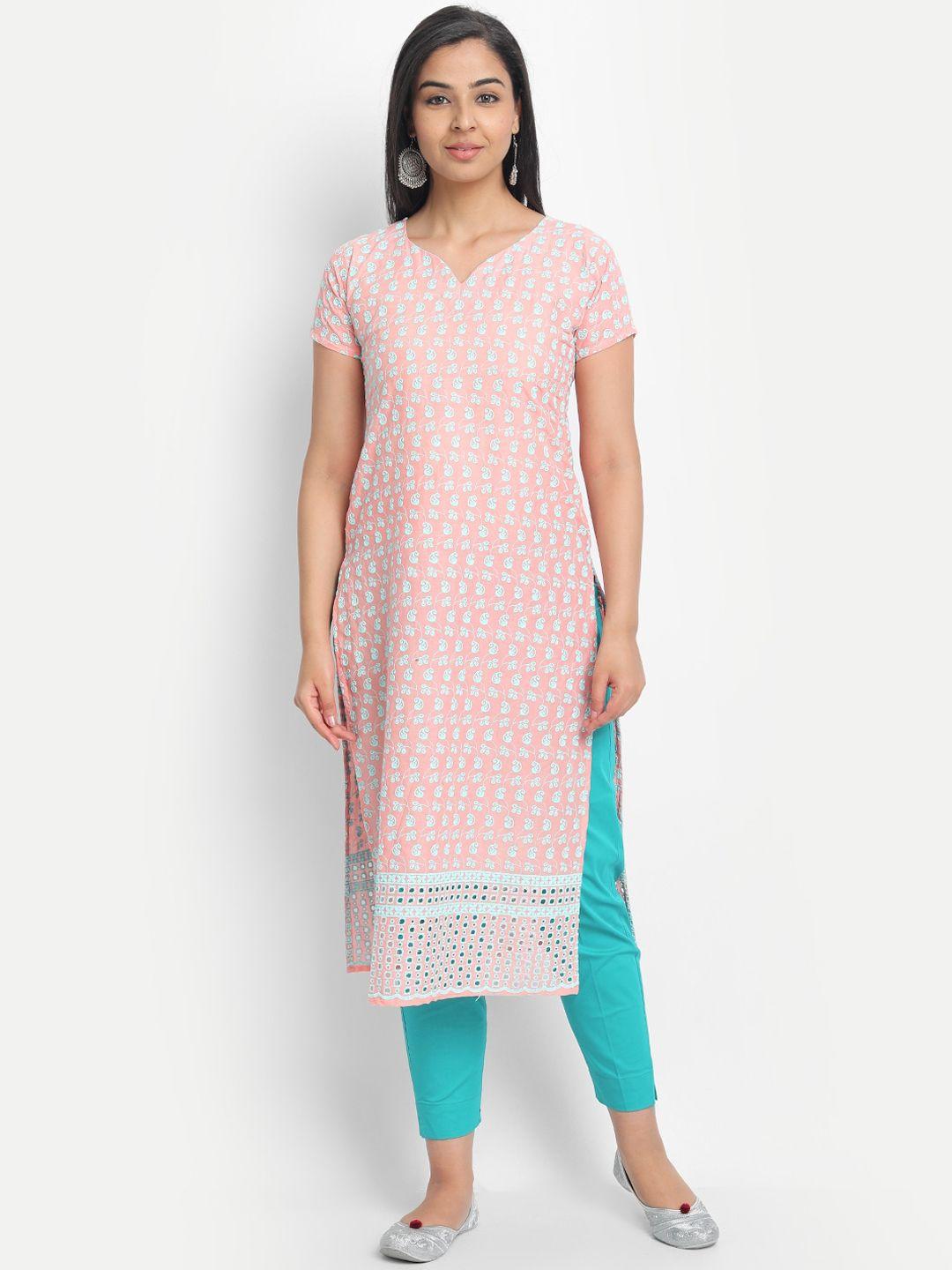 7threads women peach-coloured embroidered straight kurta