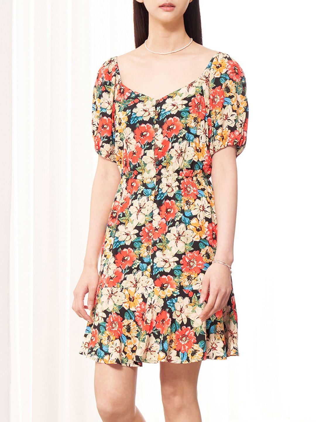 8seconds black & beige floral print a-line dress