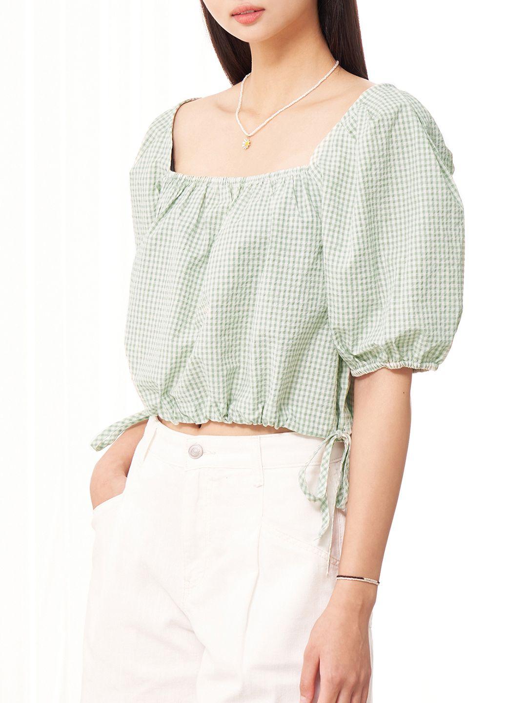 8seconds green & white checked blouson crop top