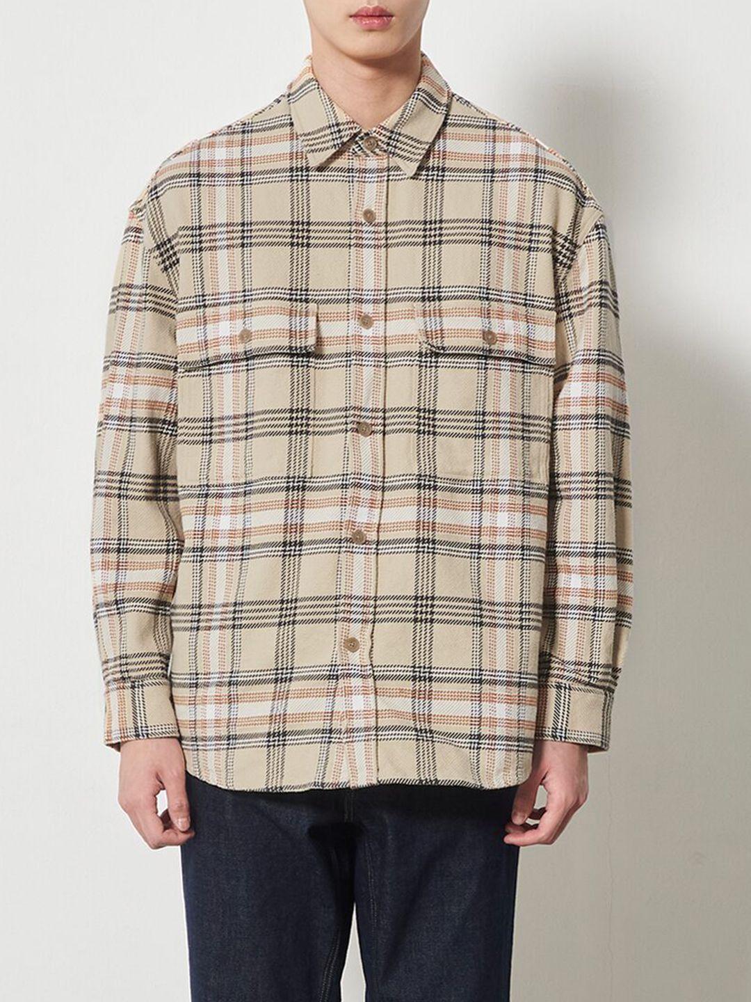 8seconds men beige & black tartan checked cotton shacket