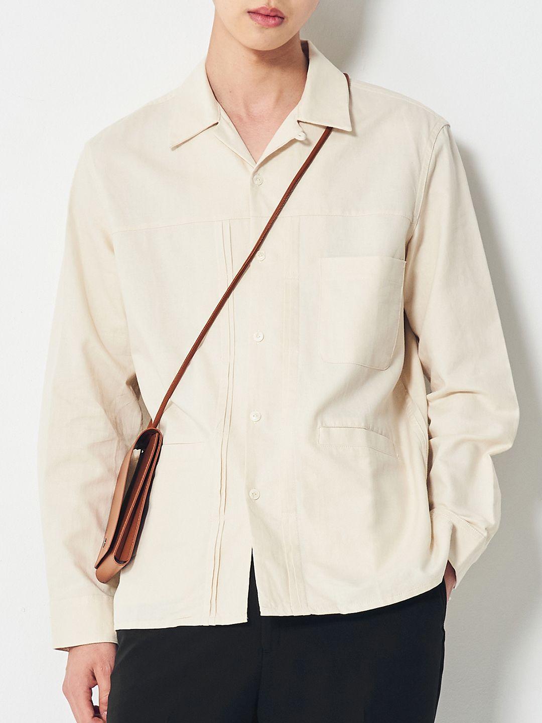 8seconds men beige solid cotton linen casual shirt