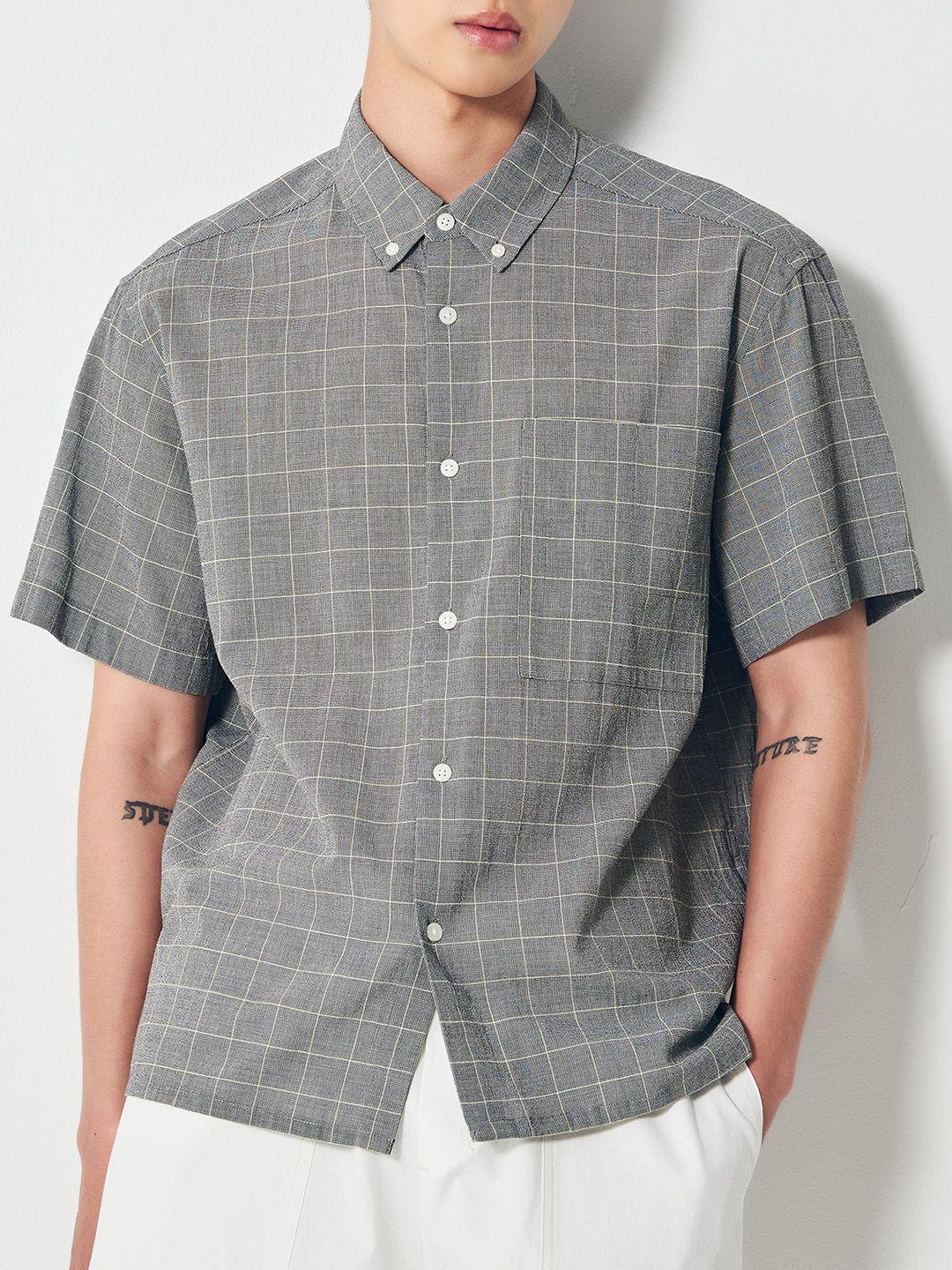 8seconds men grey & white checked pure cotton casual shirt