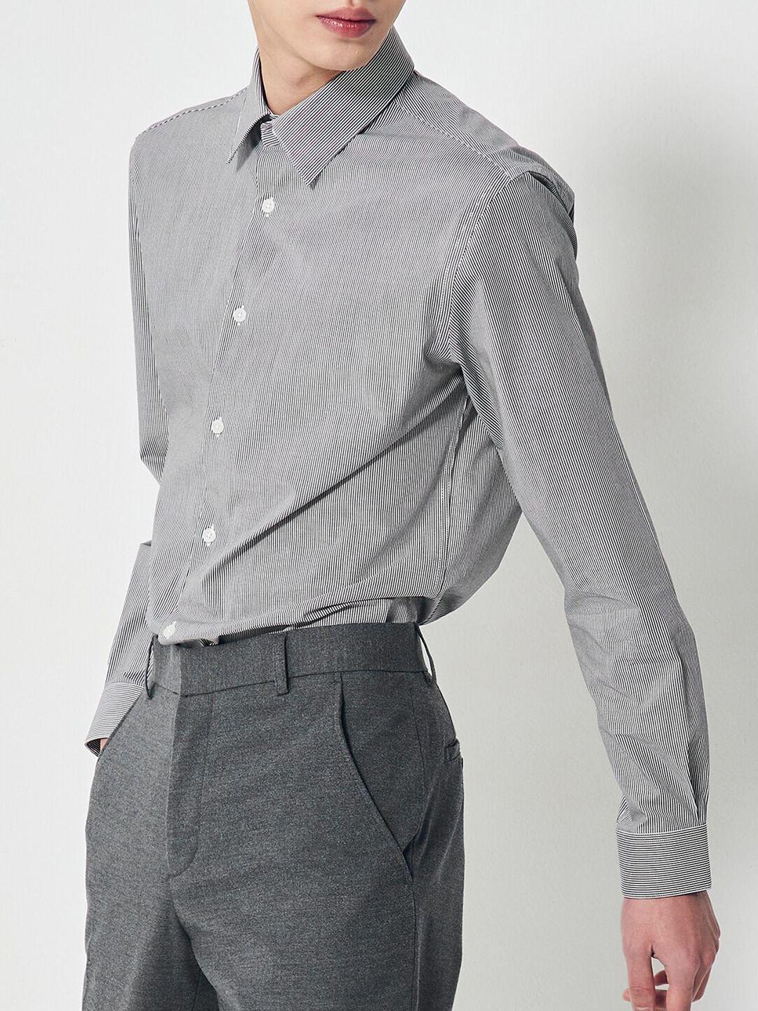 8seconds men grey & white striped formal shirt