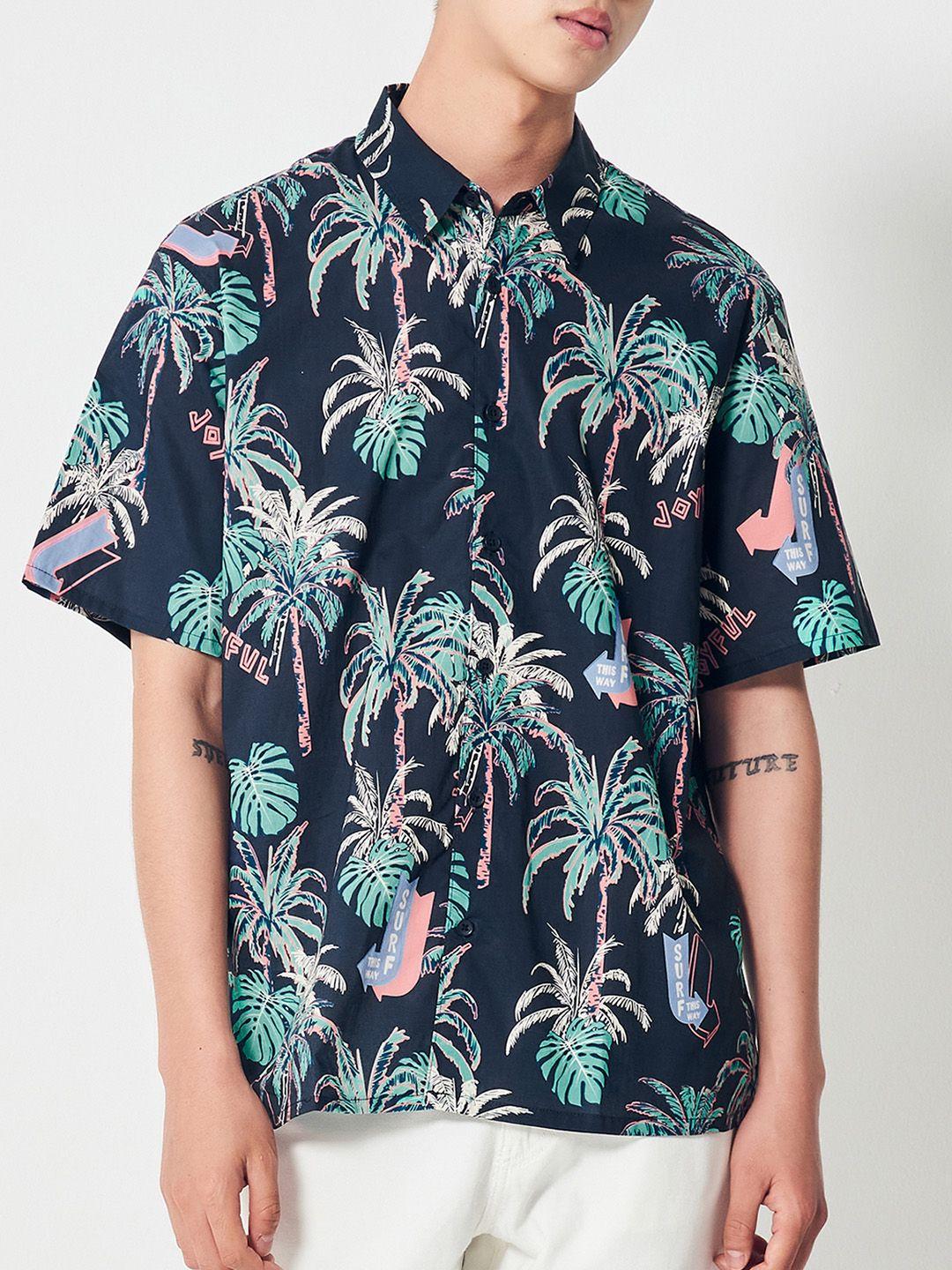 8seconds men navy blue & green tropical printed cotton shirt