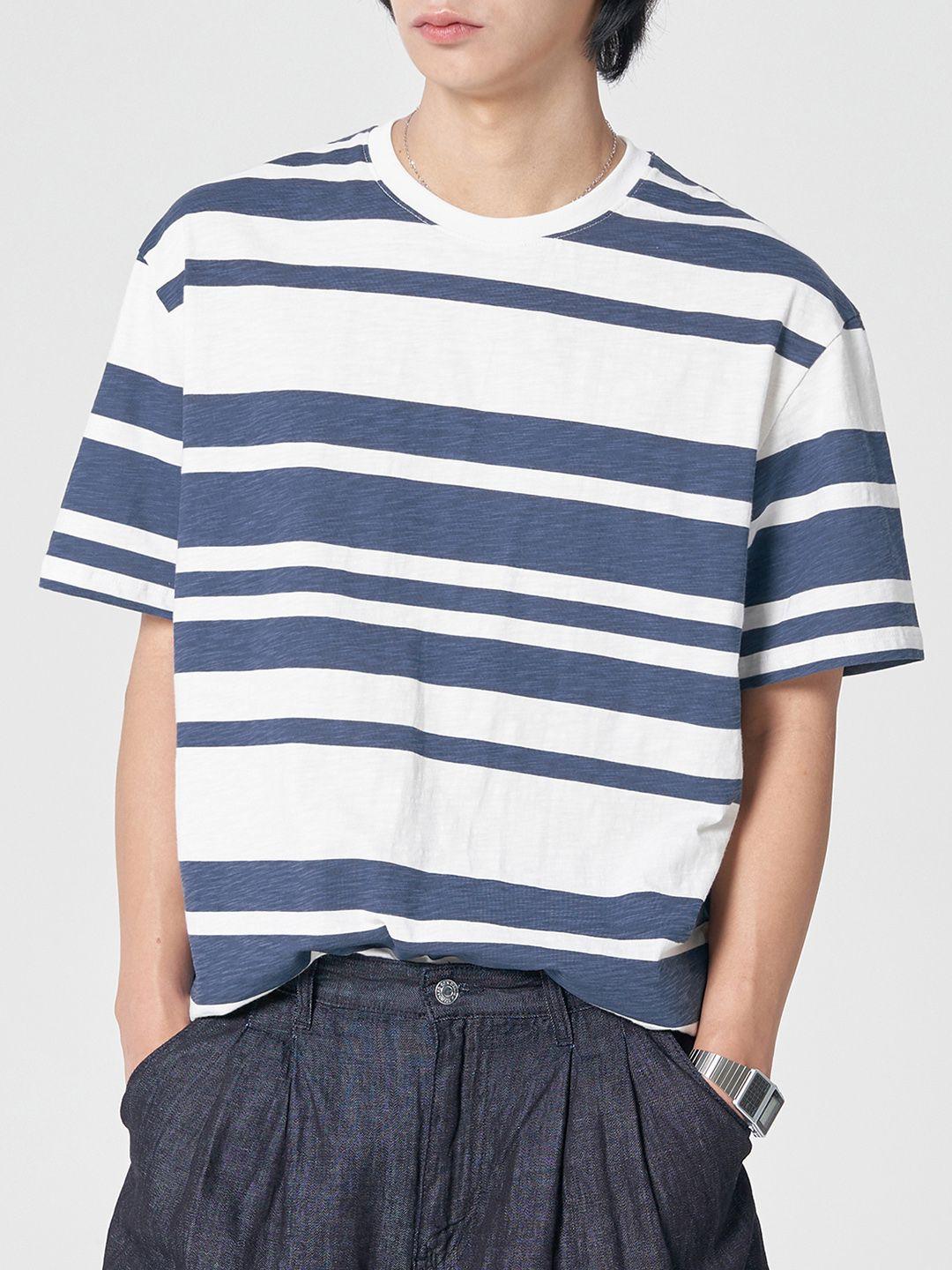 8seconds men navy blue & white striped drop-shoulder sleeves pure cotton t-shirt