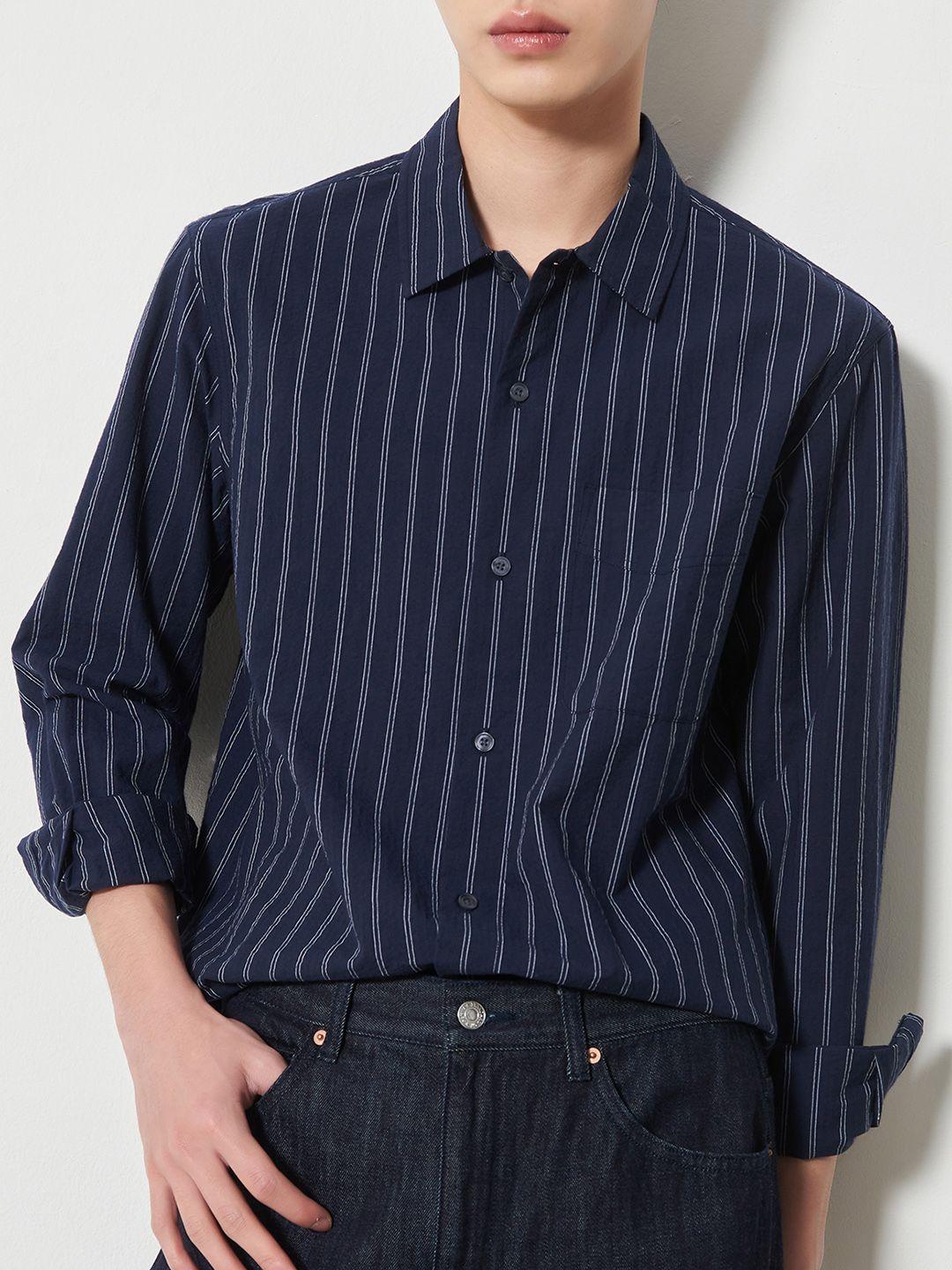 8seconds men navy blue striped pure cotton casual shirt