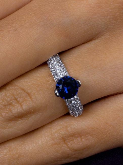 925 silver blue sapphire and american diamond eternity band solitaire ring for women & girls