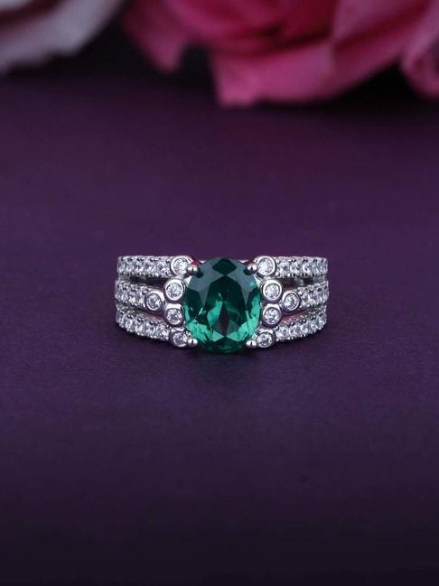 925 silver cut green emerald and american diamond cluster solitaire ring for women & girls
