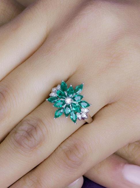925 silver green emerald and american diamond cluster flower ring for women & girls